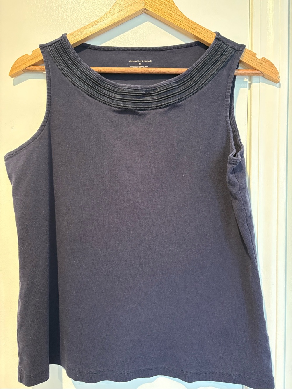 Classic Preppy Christopher & Banks Cotton Navy Tank with Knit Detail Neckline